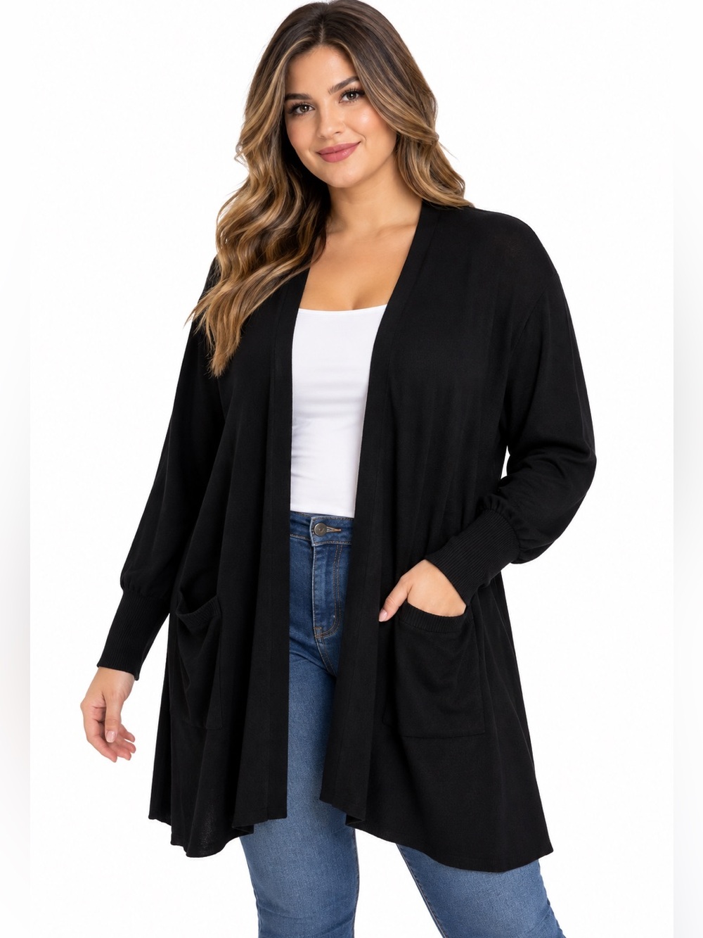 🦋Nine West Women’s Black Open Front Long Cardigan Size 3X  Plus Size